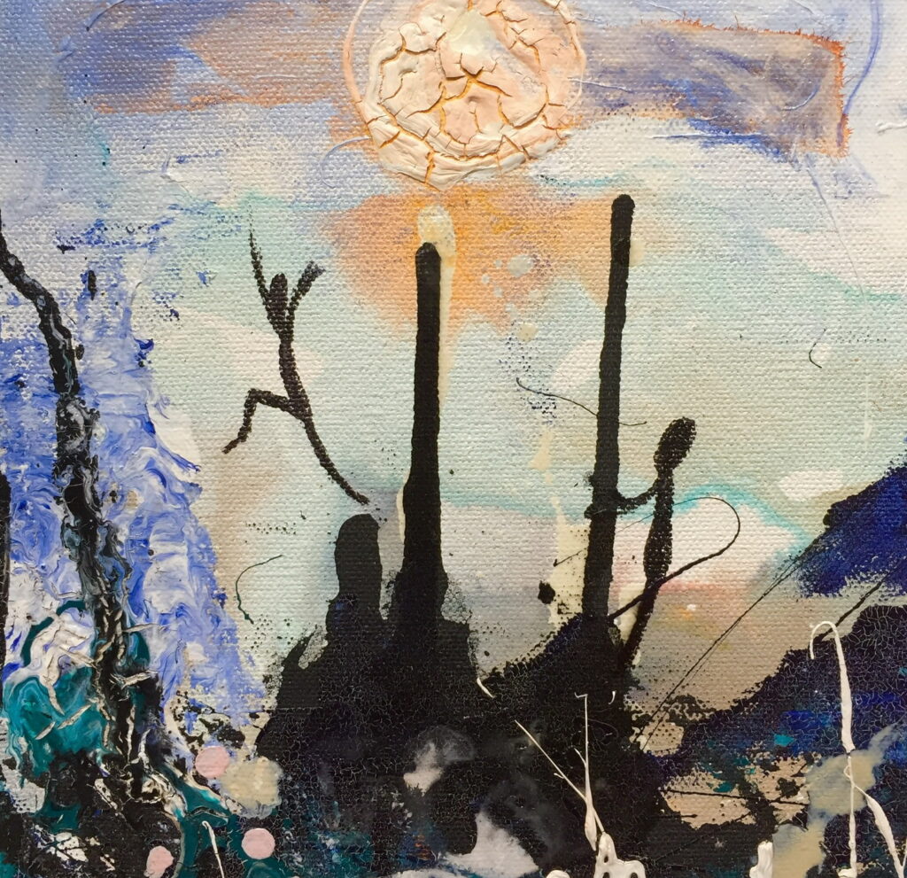 abstract painting with two stick people jumping pillar to pillar under the sun