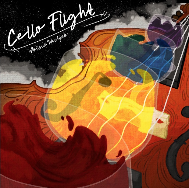 Abstract cover art of a cello with yellows, maroon, blues, and purples