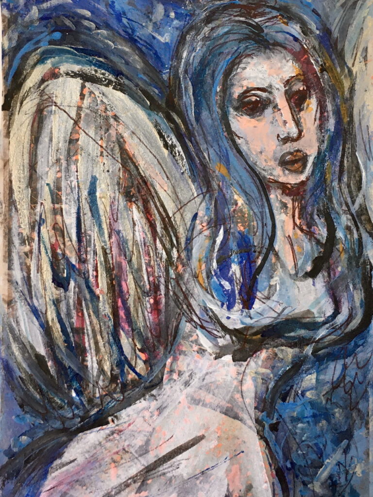 acrylic abstract painting of angel with long blue hair