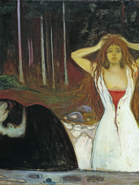 painting of woman with red hair and a frown, hands on her head and a man with his head tucked into his arm in shame