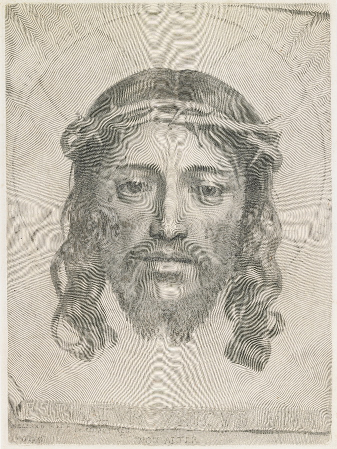engraving of Christ's head with a single, continuous undulating spiral line over the whole image