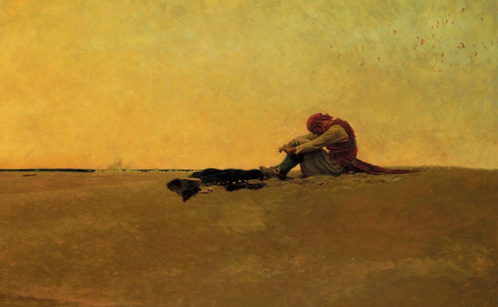 painting of a pirate sitting slumped on a desolate beach, his head is down by his knees, hands wrapped around his knes