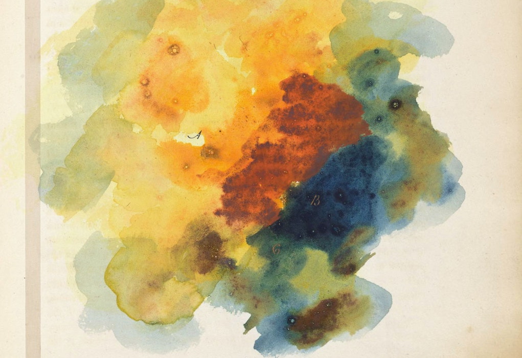 watercolor illustration, compact blots of dark blues, yellow, orange resembling hydrangeas fracted through a prism