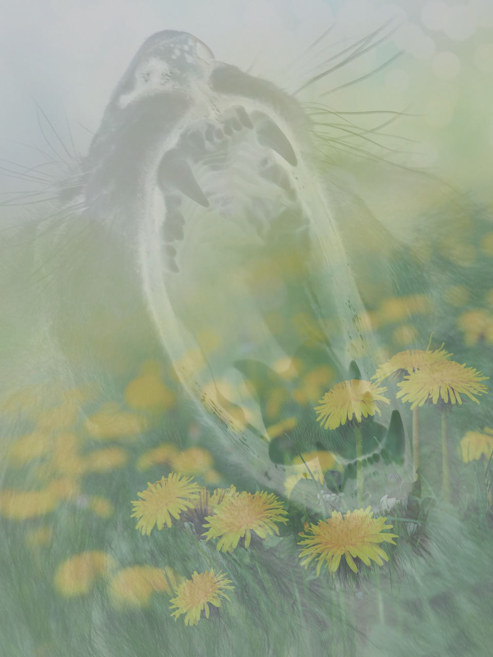mouth of yawning lion imposed over field of yellow dandelions