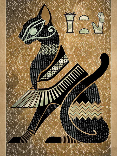 graphic design of the Egyptian Goddess Bastet, a black cat silhouette with gold background