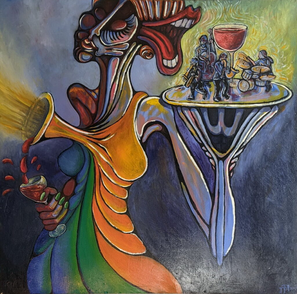 abstract painting of woman listening to music served on a tray, while blood drips from her heart into a wine glass and her ear is a mouth devouring the music