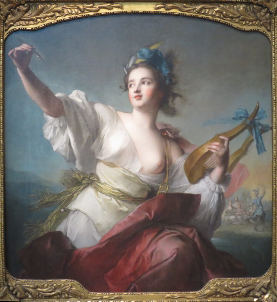 Terpsichore, Muse of Music and ballet, an oil on canvas painting (1739) of woman holding a lyre and pen wearing a white dress