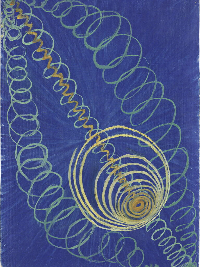 painting with blue background, two green spirals like a slinky going upward outside one yellow cone spiral facing upward with a small tight orange coil coming from the center