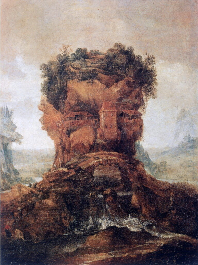 late 1500s painting of an anthropomorphic landscapes where a mountain is a man's face with houses in the eye sockets, a tower for the nose, trees and country side on the head and a bridge going over the mouth with a waterfall running underneath