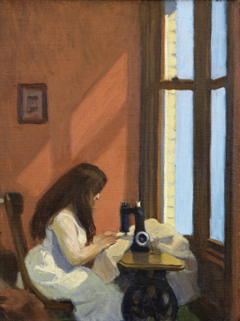 oil painting of a woman in a white dress sitting in front of a large window at a sewing machine on a sunny day in front of a burnt maroon wall