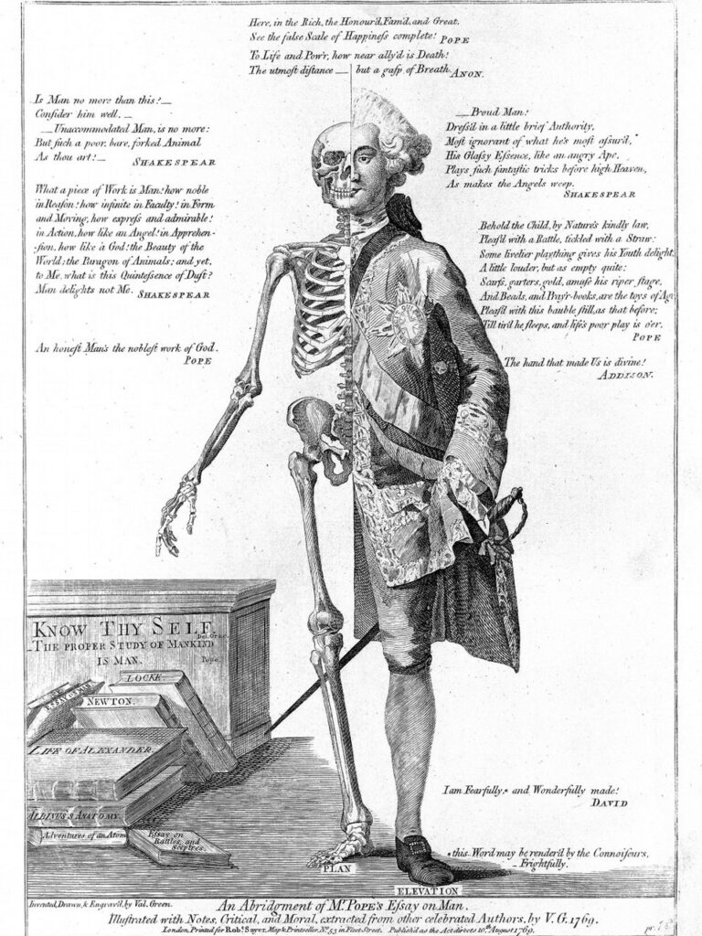 circa 1770 illustration of a British soldier where one half of the man is only his skeleton and the other half is fully fleshed and dressed