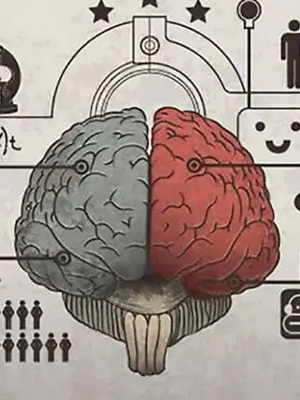 infographic of the right brain connected to a guiter, heart, camera, and other symbols of creativity; and the left brain connected to a microscope, math equation, rocket, and other symbols of science