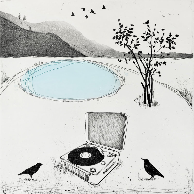 drawing of two black birds by a record player outside on the grass by a pond and a small tree