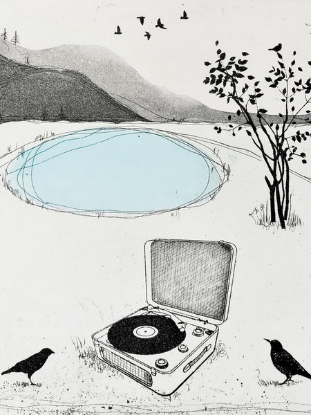 drawing of two black birds by a record player outside on the grass by a pond and a small tree