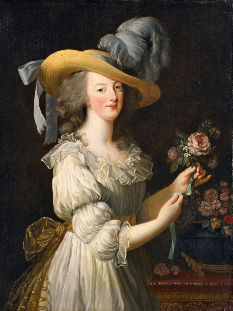 Marie Antoinette, a white upper-crust English woman with blue eyes and pink rosy cheeks, wearing a white Muslin dress with ruffles around the collar, a large gold bow tied at the waist, a large sunhat with a gray plume and bow, holding a pink rose