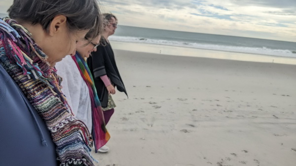 profile of editors Cheryl Wilder, Suzanne Farrell Smith, and Claire Guyton walking down the North Carolina coastline with calm morning waters and a cloudy sky
