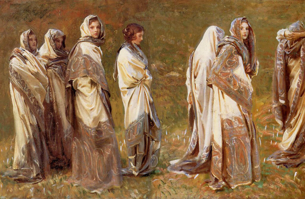 painting of women wearing Kashmiri shawls; colors of the background are earth tones and abstract; women are wearing cream-colored shawls with the same earth tones as the background