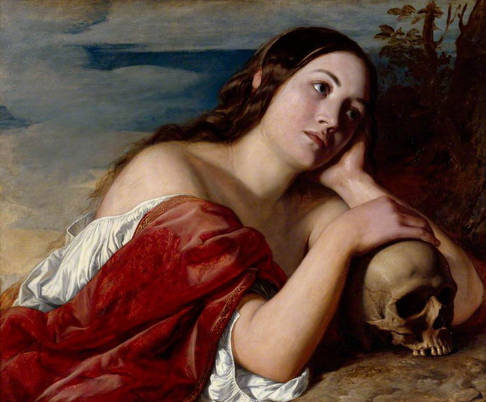 1800s oil painting of fair-skinned woman with long straight brown hair leaning on her elbow, her other hand resting on a human skull, looking dreamy and contemplative into the distance