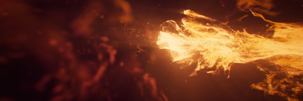 digital art of a stream of fire spitting out from the left toward a cloud of smoke