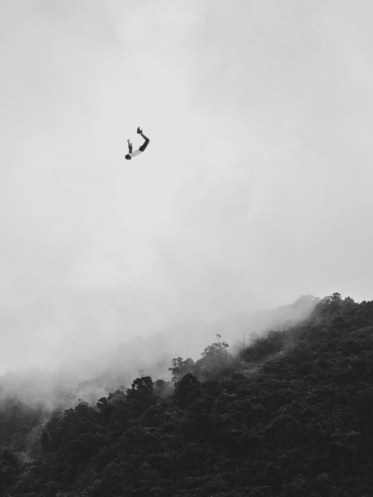black and white image of a small person falling, arms and legs behind them in a misty sky as they look toward a tree canopy