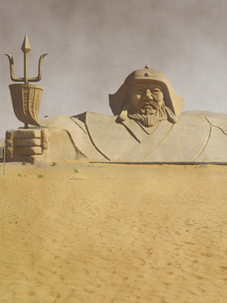 The enormous Genghis Khan sand sculpture in the middle of Badain Jaran desert