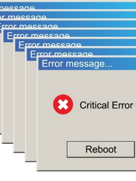 Critical Error Warning Message on a computer with red X saying Critical Error and a Reboot button 