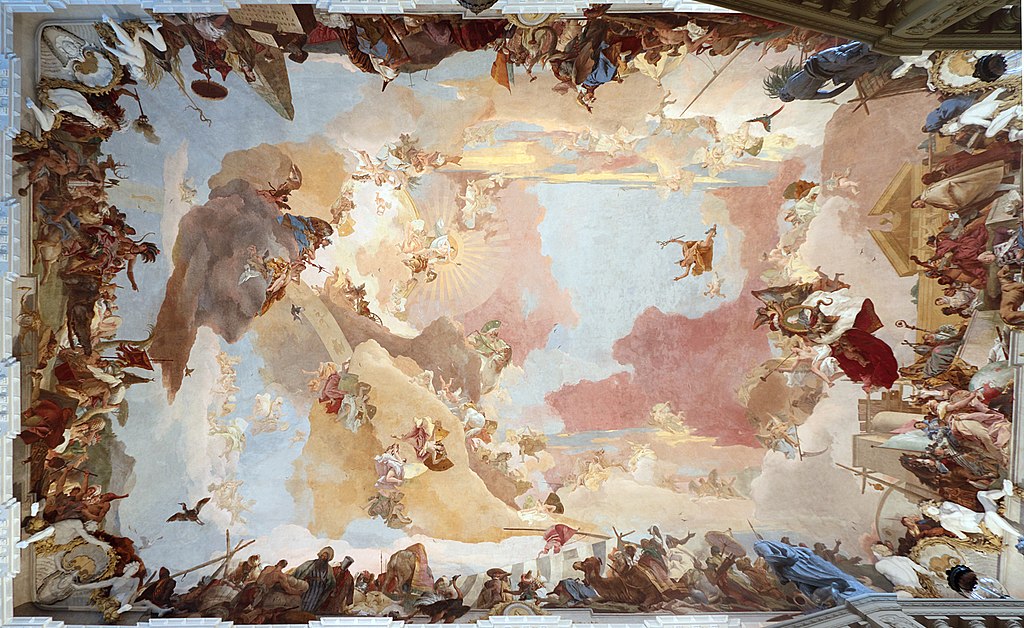ceiling fresco depicting the four continents known in the 1700s, personified by regal female figures--Europe, Africa, Asia, and AMerica. The center shows Apollo, the Greek god of the sun and protector of the arts. He is orbited by deities representing planets.