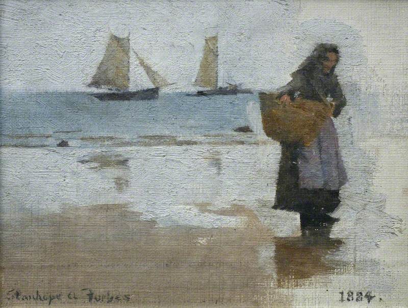 oil painting of an elder fisherwoman carrying a large woven basket on a seashore with a sailboat in the distance