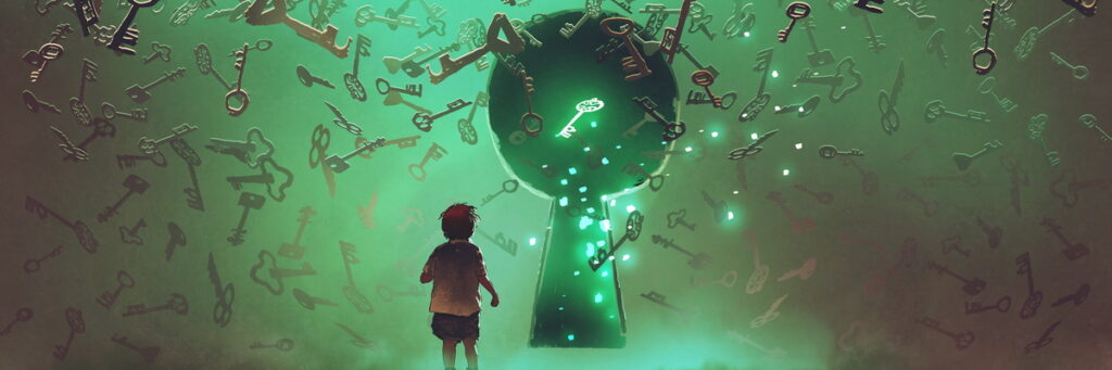 little boy standing in front of the keyhole with the green light and many keys floating around him, digital art style, illustration painting