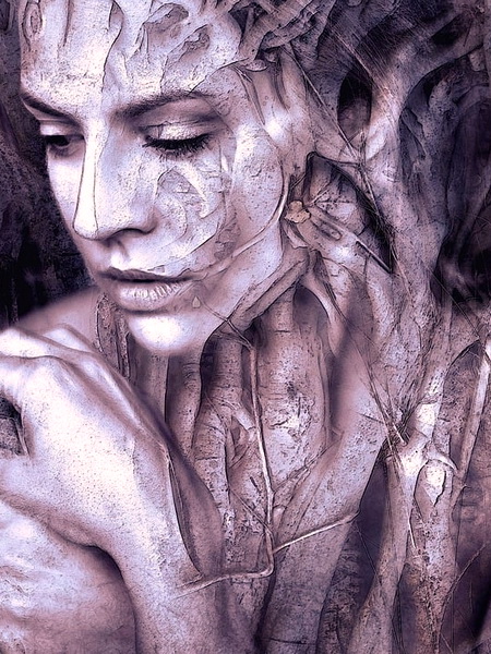 Digital illustration of woman with her hands on one shoulder looking toward the ground and her skin blending into the roots  and limbs of a tree.