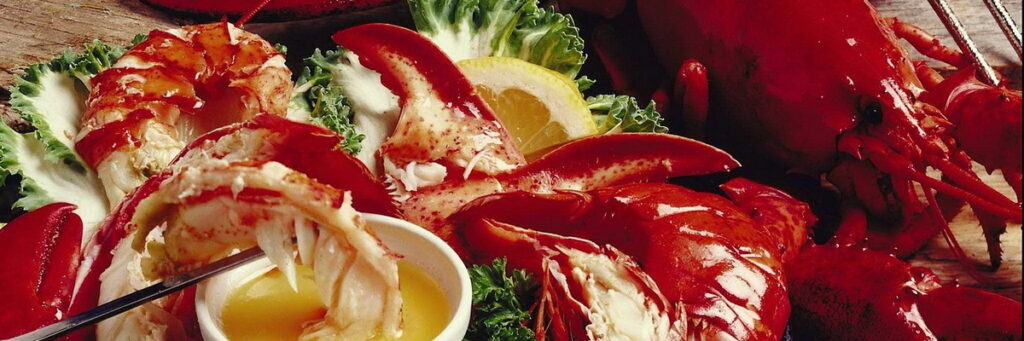 pieces of bright red and white lobster on a bed of lettuce with lemon and a ramekin of butter next to a lobster shell