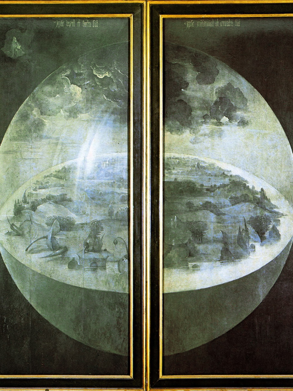 A closed triptych (two panels) oil painting from 1504 where the earth is encapsulated in a globe with clouds covering the top, and the flat earth across the lower third; one panel depicts nature and the other has human created items like a firecracker