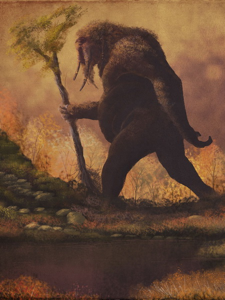 Painting of Polyphemus, the Homeric cyclops, taking very literal inspiration from elephant face anatomy in reference to the well-known idea that fossil elephant skulls inspired the cyclops myth.